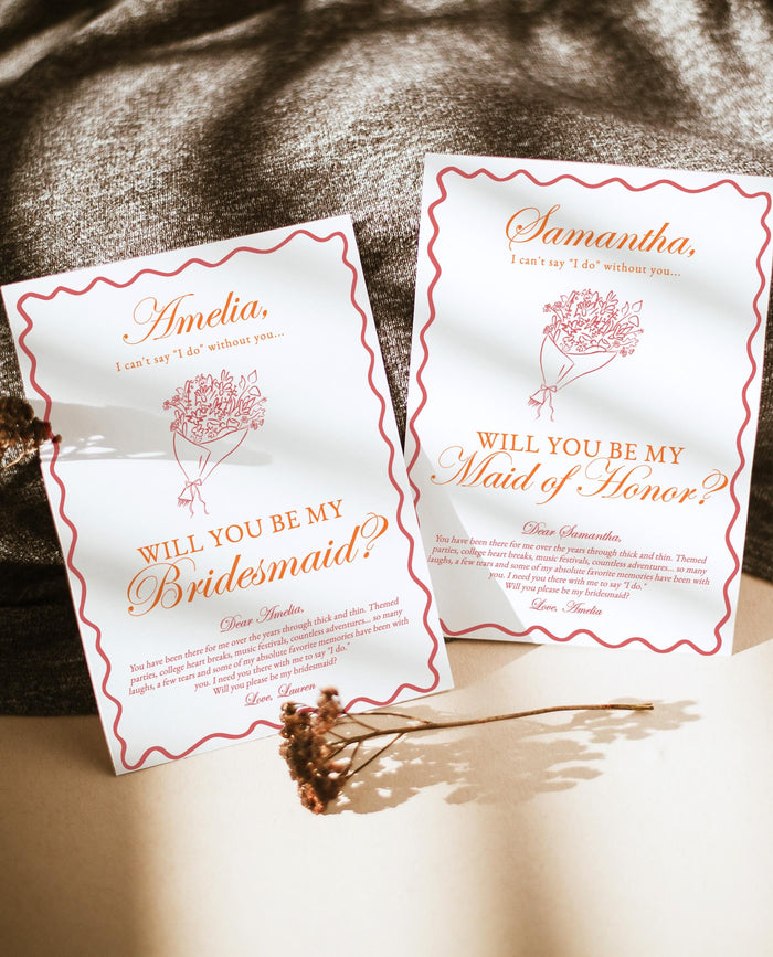 Wavy Border Bridesmaid Proposal Card with Envelopes | Bouquet Bow
