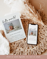 Hello World Photo Birth Announcement with Envelopes | Minimalist Newborn BA-01 - close-up detail