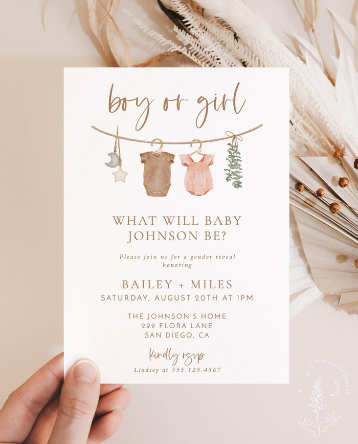 Gender Reveal Invitation with Envelopes | Modern Boy or Girl Baby Onesie Clothesline Theme