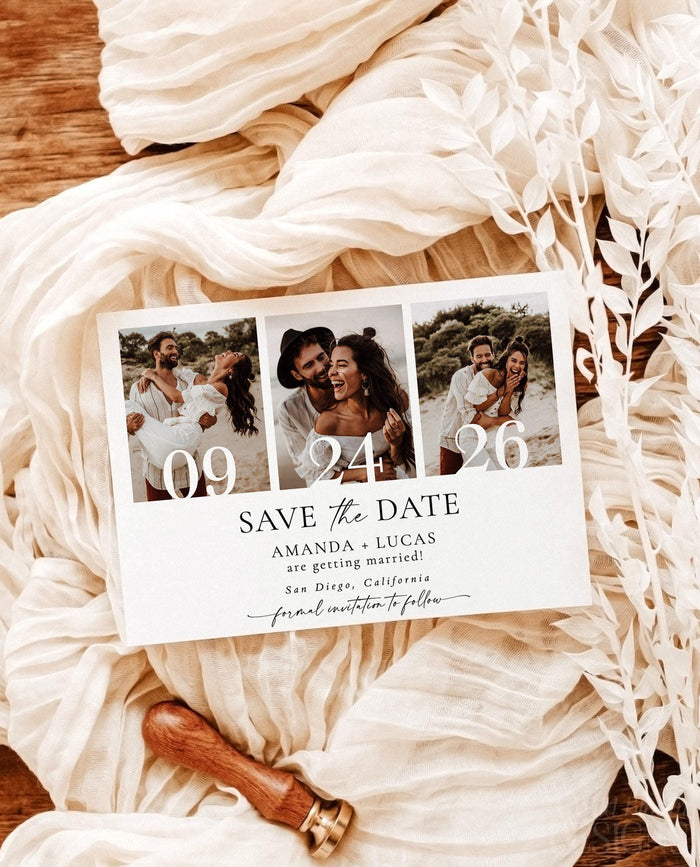 Minimalist Photo Save the Date with Envelopes | Modern Boho 3 Photo Strip