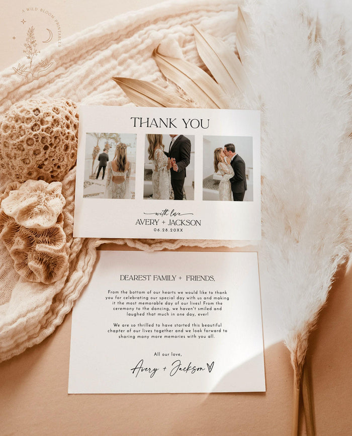 Photo Wedding Thank You Card with Envelopes | Minimalist 3 Photo Strip