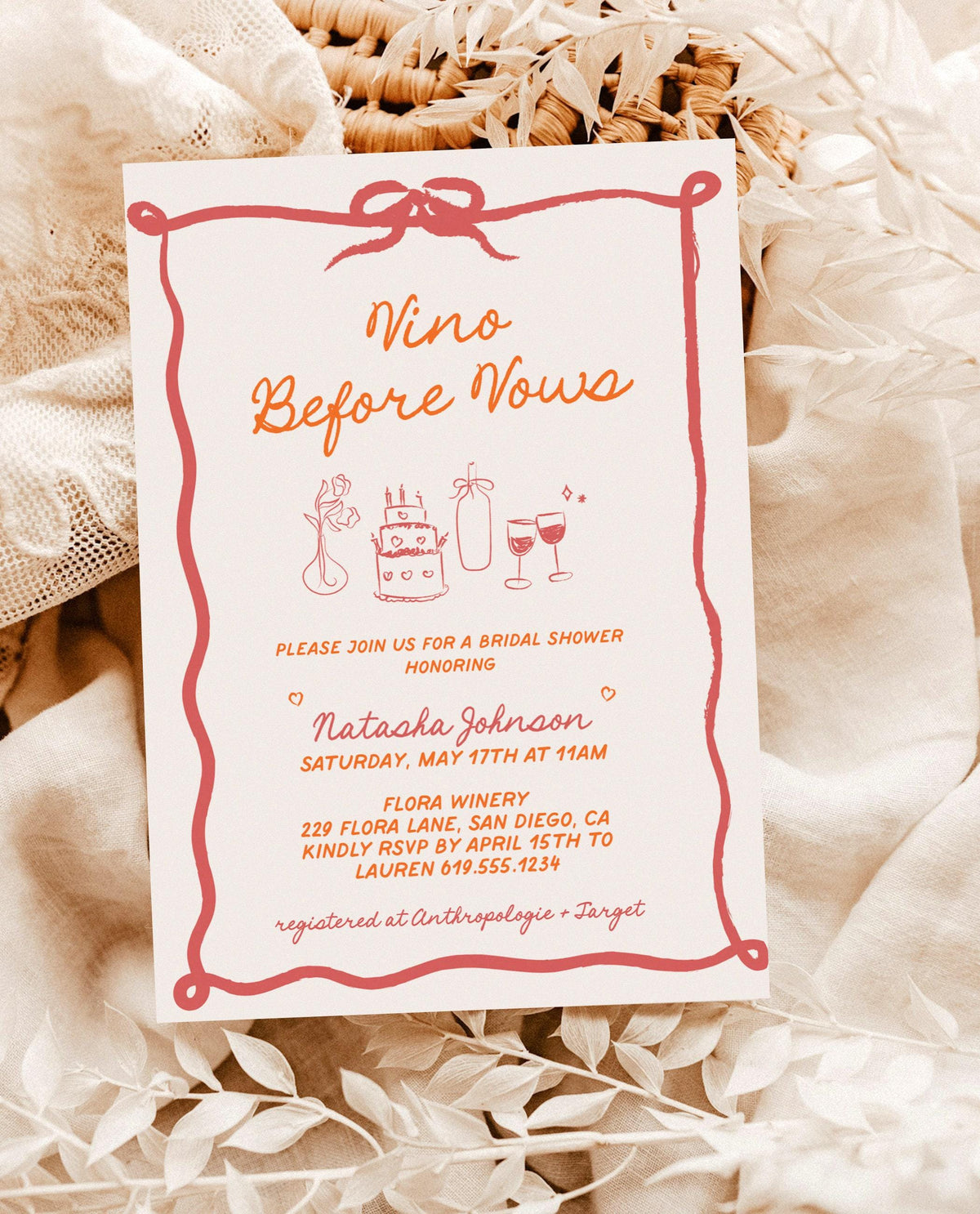 Vino Before Vows Bridal Shower Invitation with Envelopes | Hand-Drawn Colorful Wine Theme