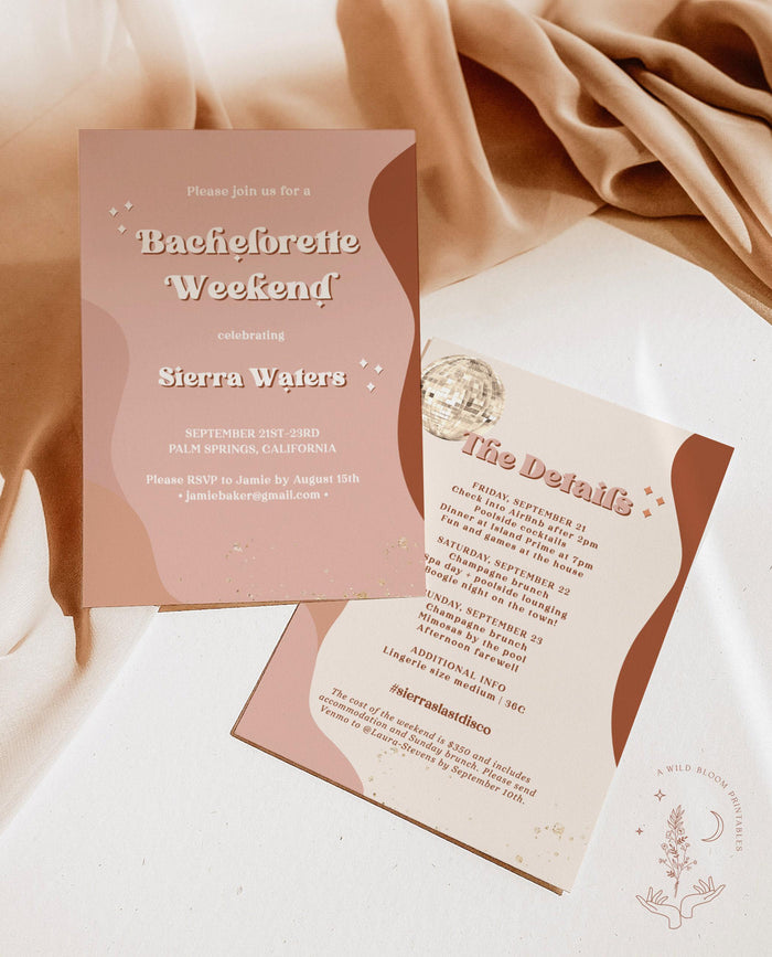 Retro Bachelorette Party Invitation with Itinerary | 70s Disco Groovy Theme