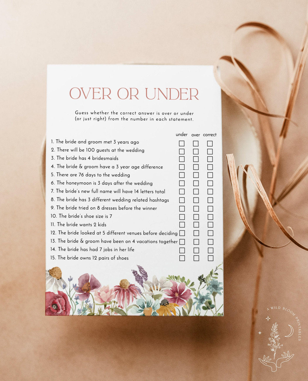 Wildflower Bridal Shower Game Over or Under