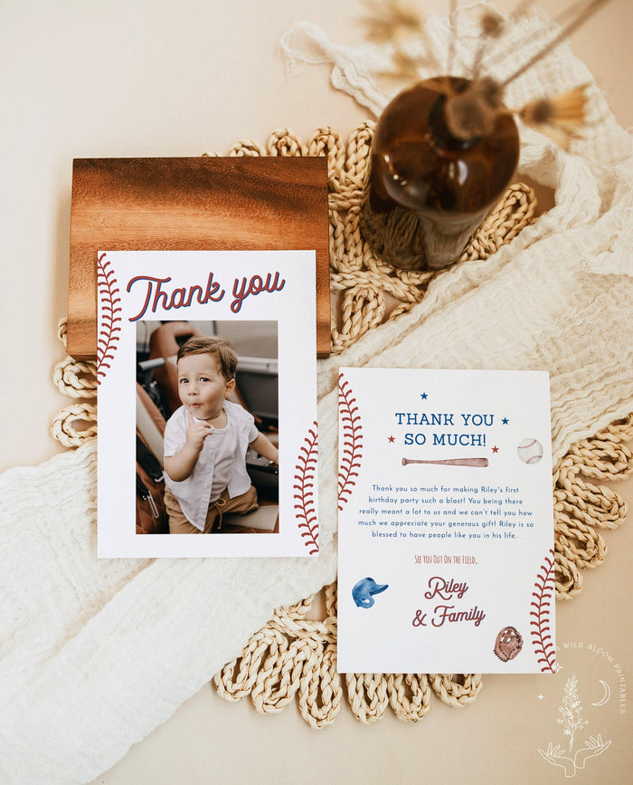 Baseball 1st Birthday Thank You Card with Photo
