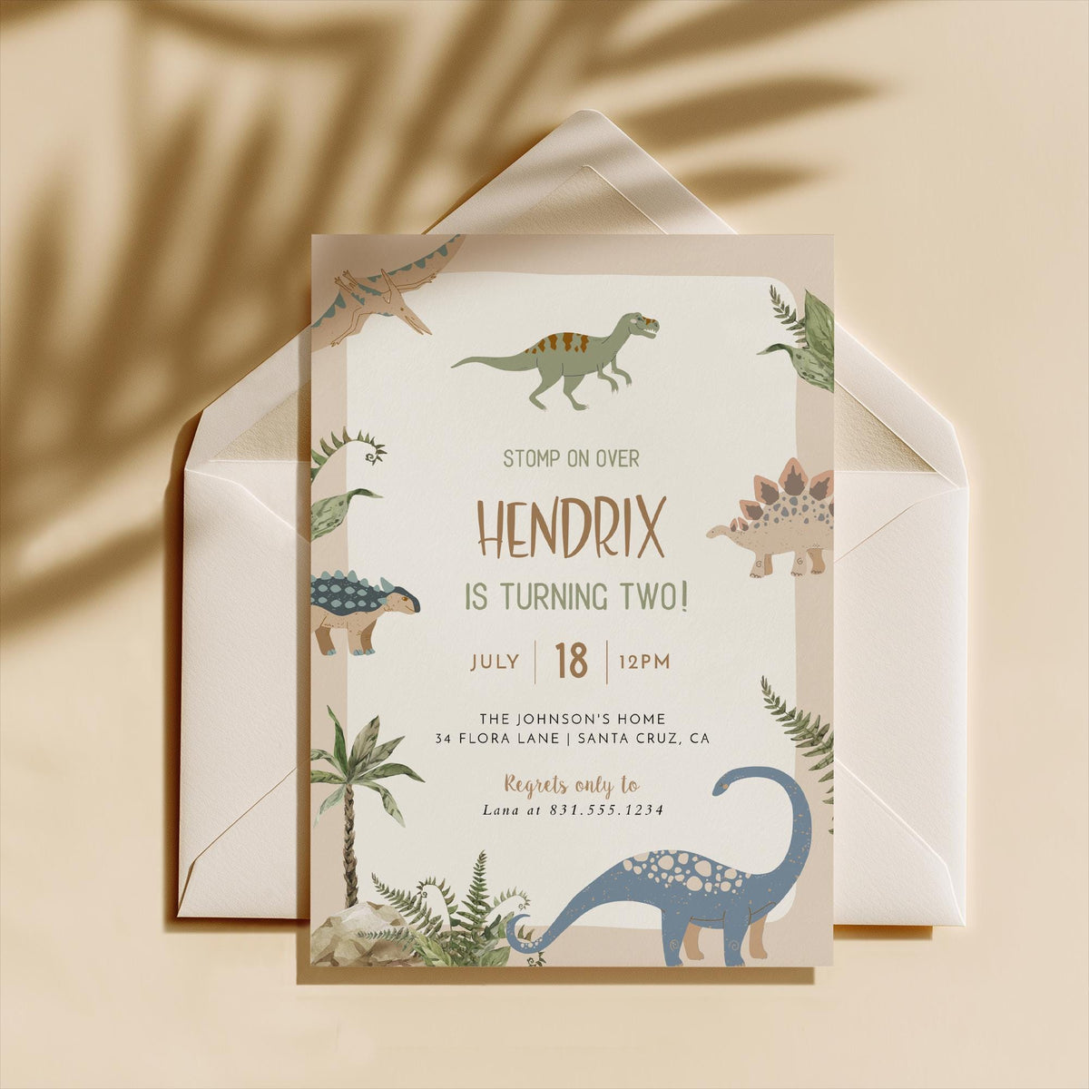 Stomp On Over Dinosaur 2nd Birthday Invitation with Envelopes