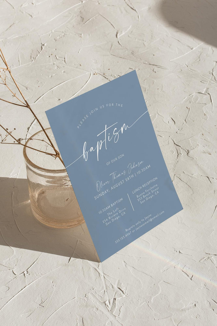 Dusty Blue Baptism Invitation with Envelopes