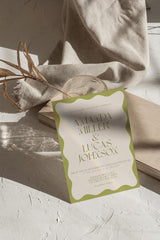 Sage Wavy Border Wedding Invitation with Envelopes