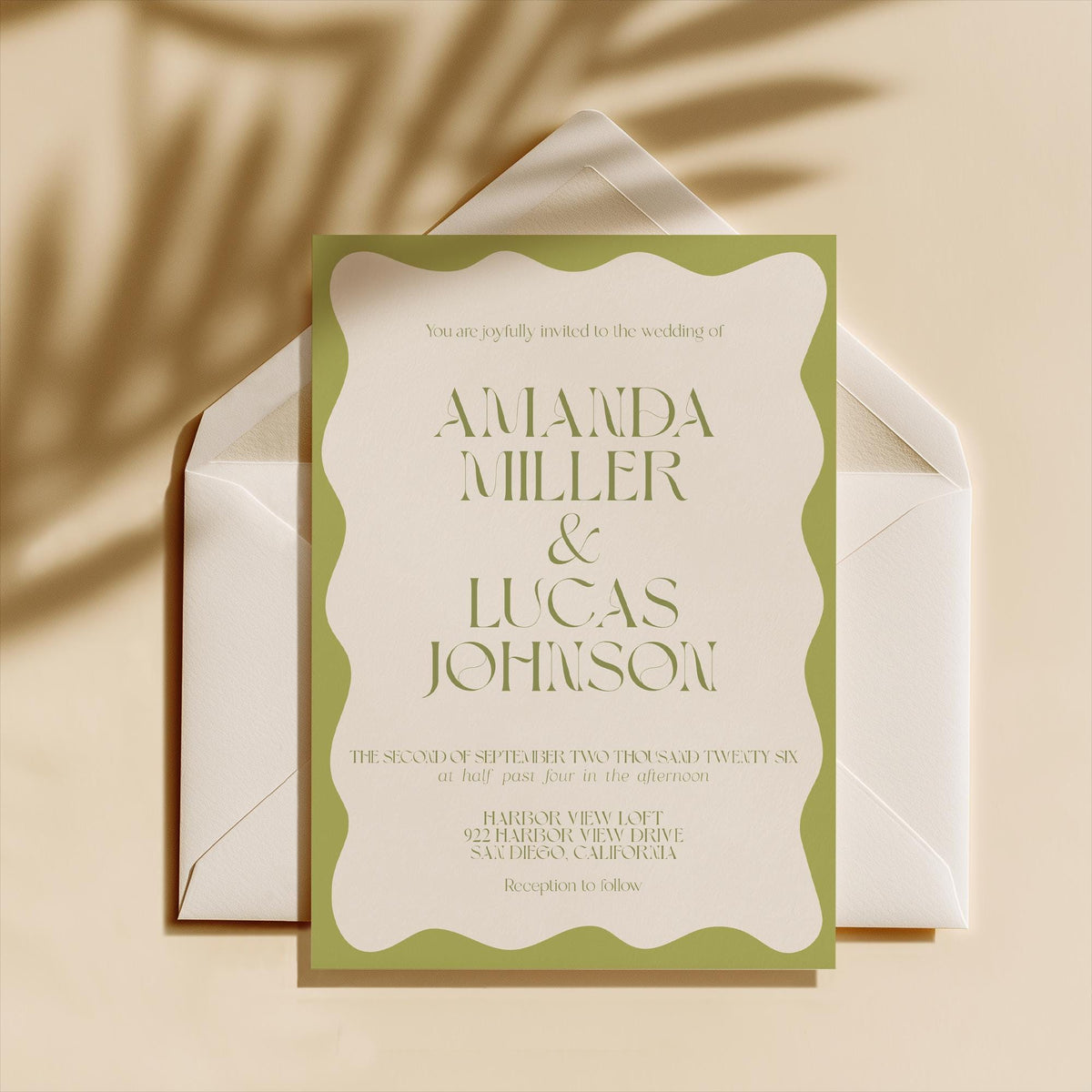Sage Wavy Border Wedding Invitation with Envelopes