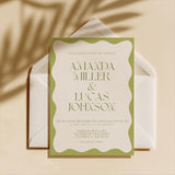 Sage Wavy Border Wedding Invitation with Envelopes