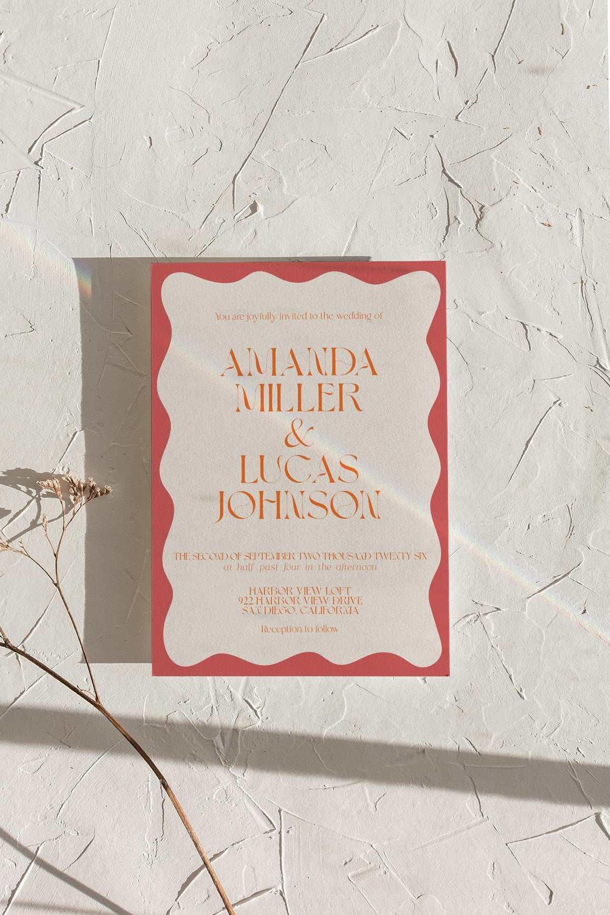 Coral Wavy Border Wedding Invitation with Envelopes
