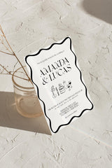 Black Wavy Border Wedding Invitation with Envelopes