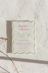 Sage + Coral Wavy Border Wedding Invitation with Envelopes