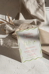 Sage + Coral Wavy Border Wedding Invitation with Envelopes