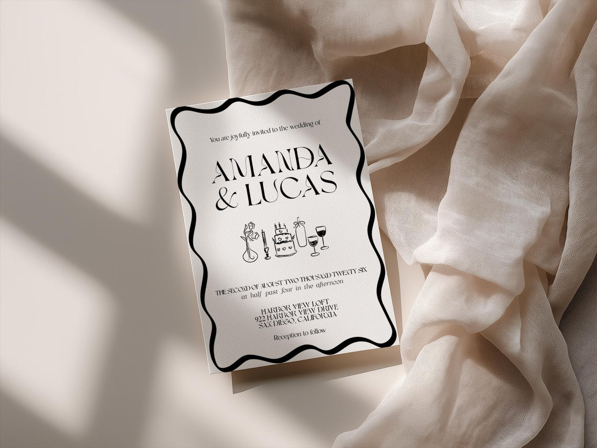 Black Wavy Border Wedding Invitation with Envelopes