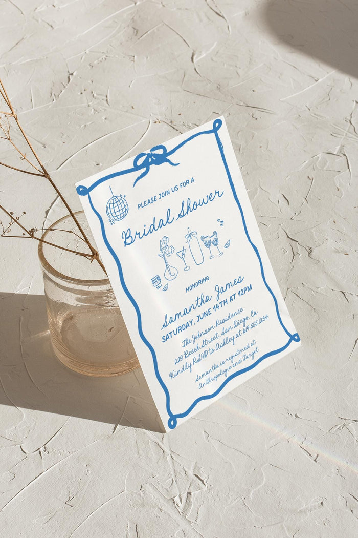 Dusty Blue Hand Drawn Bridal Shower Invitation with Envelopes