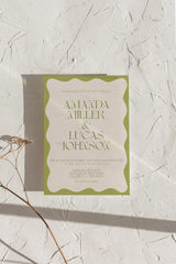 Sage Wavy Border Wedding Invitation with Envelopes