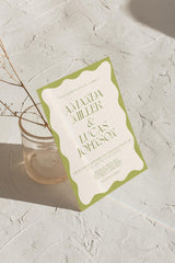 Sage Wavy Border Wedding Invitation with Envelopes