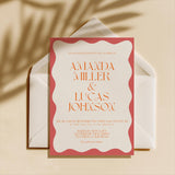Coral Wavy Border Wedding Invitation with Envelopes