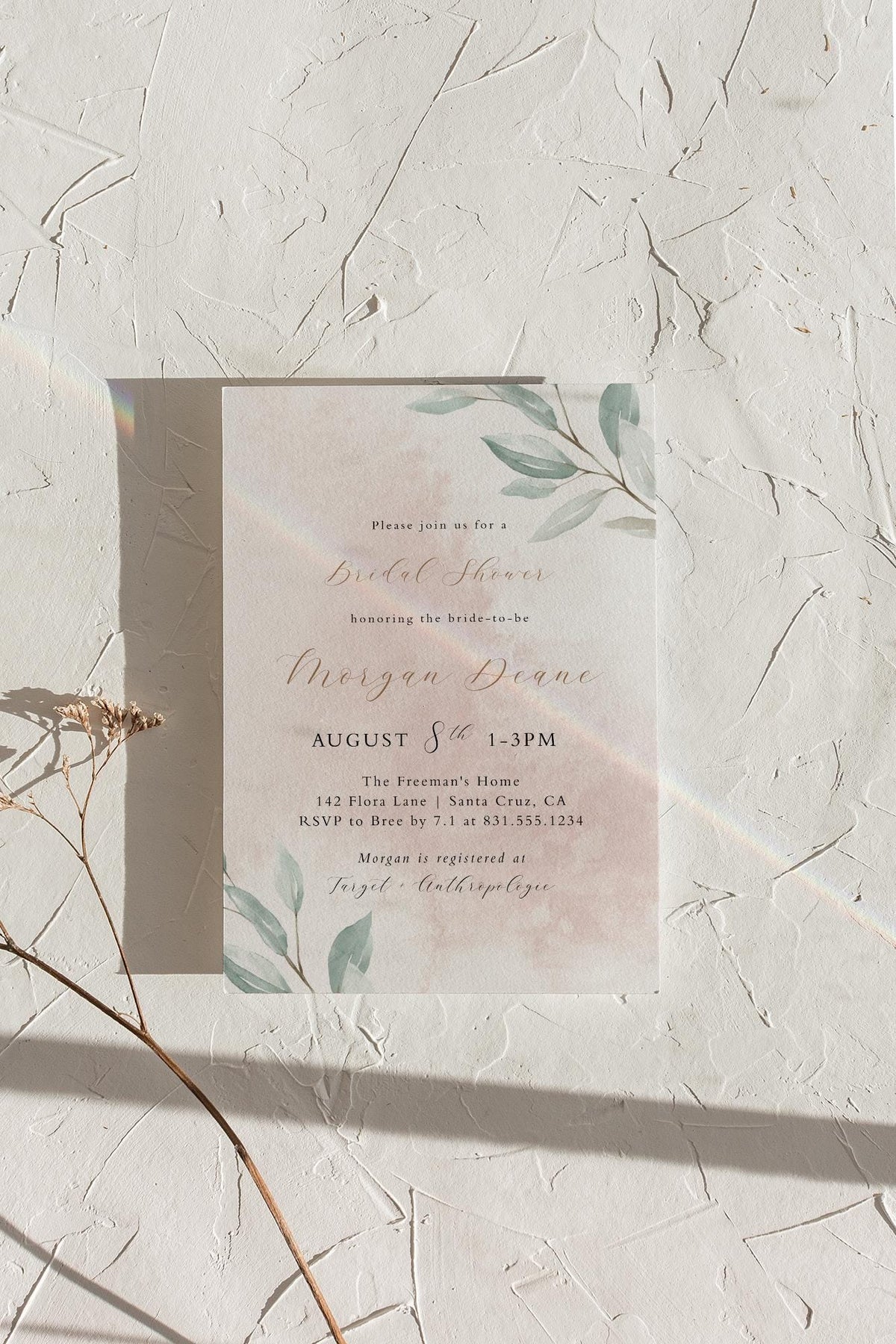 Blush Watercolor Bridal Shower Invitation with Envelopes