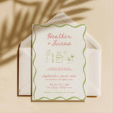 Sage + Coral Wavy Border Wedding Invitation with Envelopes