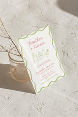 Sage + Coral Wavy Border Wedding Invitation with Envelopes