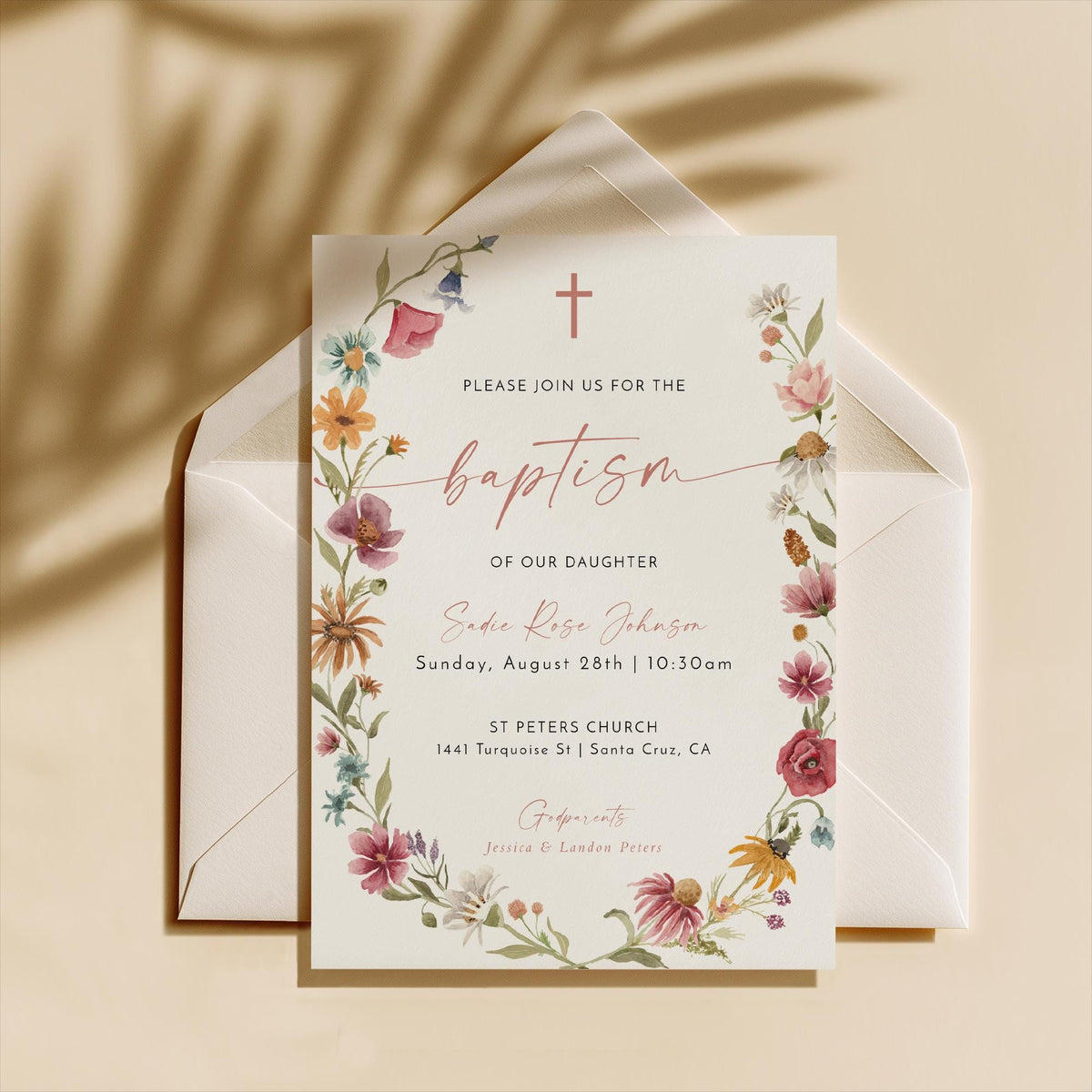 Wildflower Wreath Baptism Invitation with Envelopes