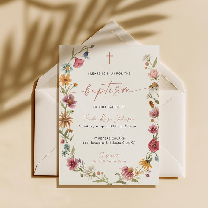 Wildflower Wreath Baptism Invitation with Envelopes