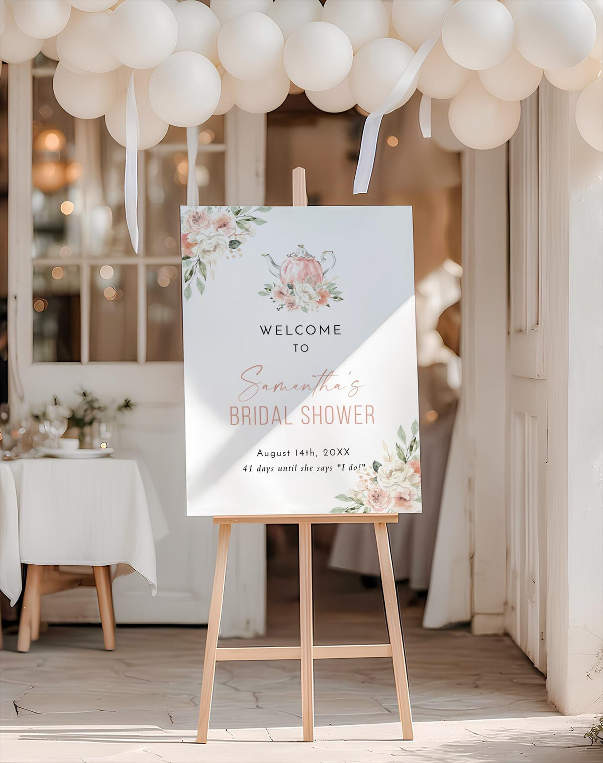 Pink Floral Teapot Bridal Shower Welcome Sign