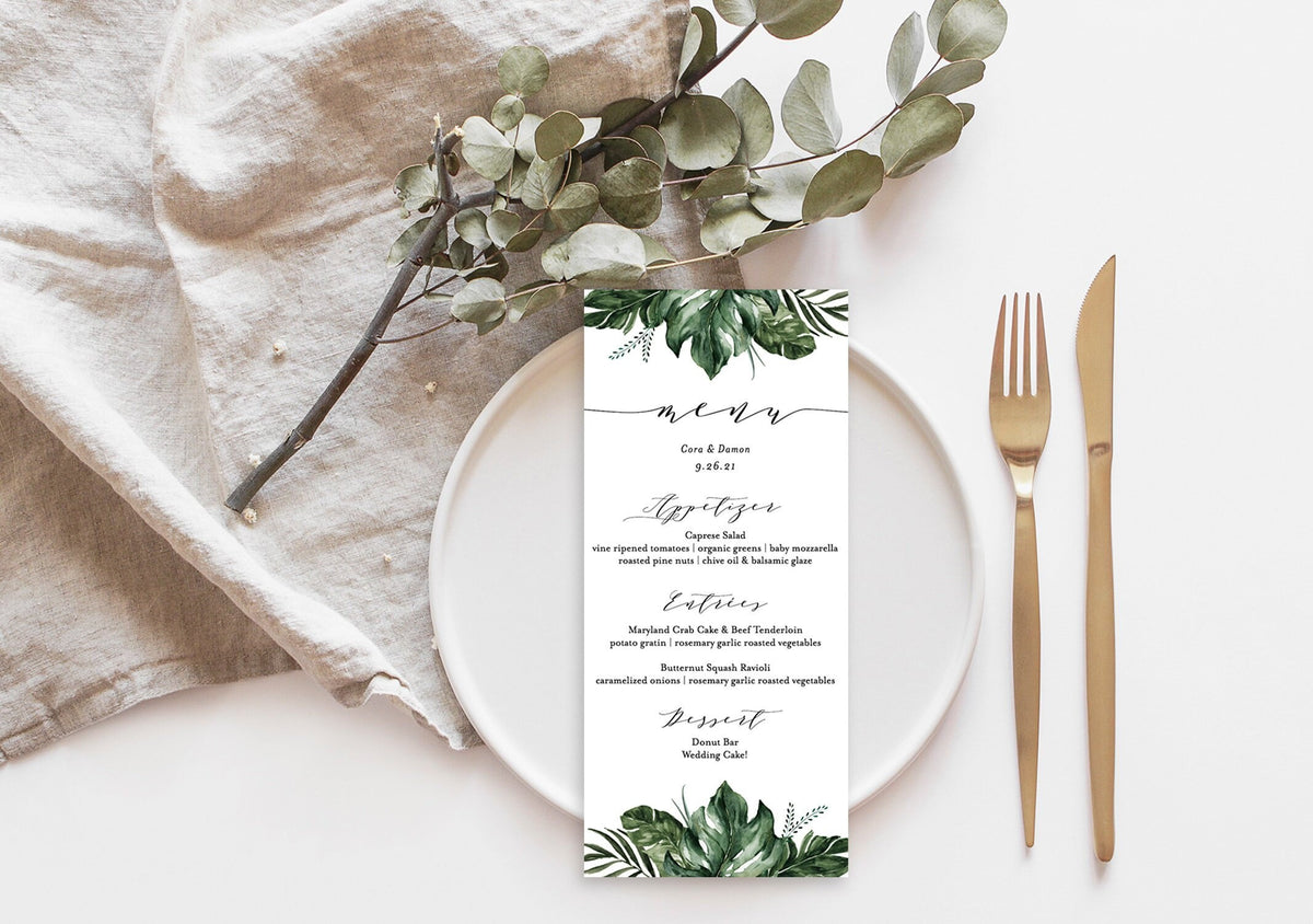 Tropical Wedding Menu Template | Palm Leaf Menu Card
