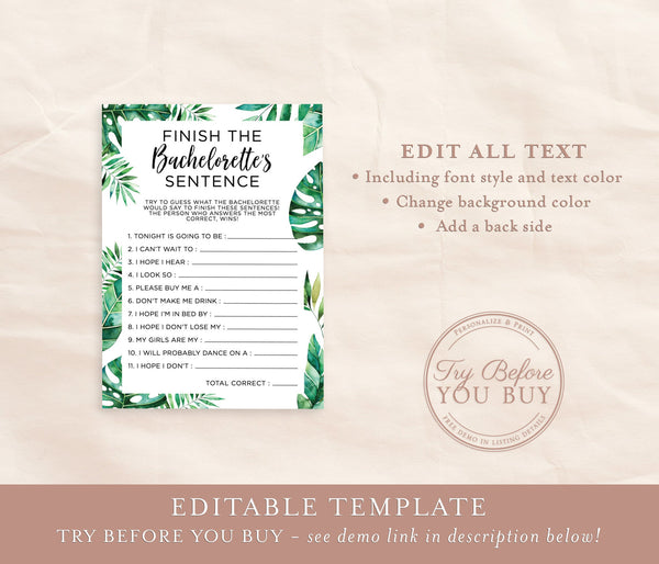 Editable Finish the Sentence Game Template | Fun Bachelorette Party Game 