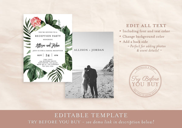 Editable Reception Party Invite Template | Tropical Watercolor Green Leaves 
