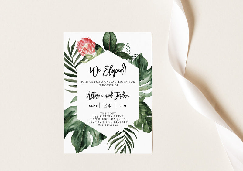 Editable Reception Party Invite Template | Tropical Watercolor Green Leaves 