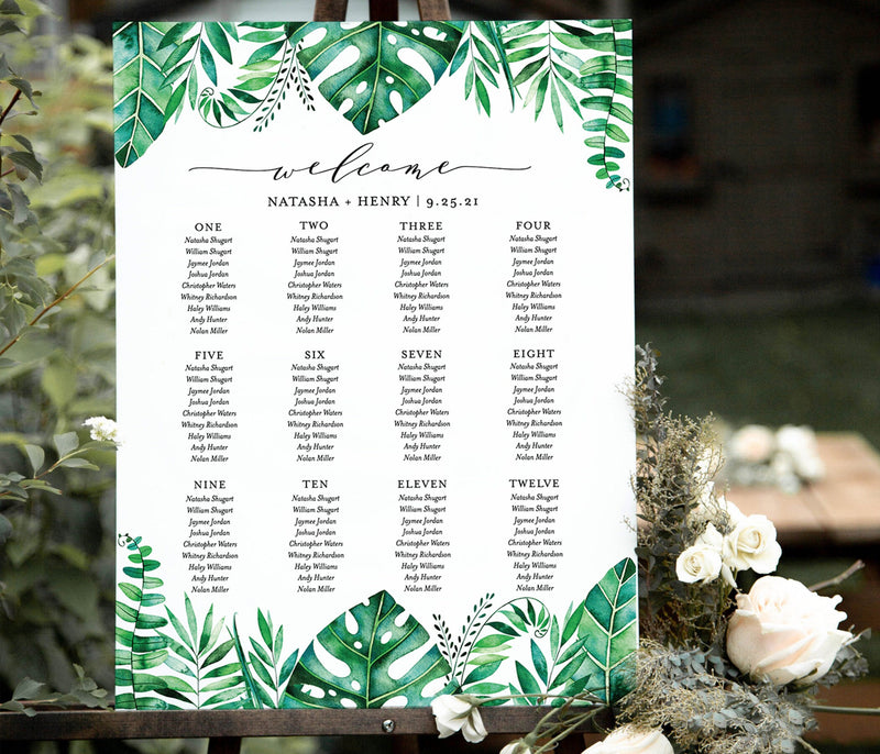 Tropical Editable Seating Chart Sign | Printable Seat Arrangement Watercolor Leaves Wedding Poster 