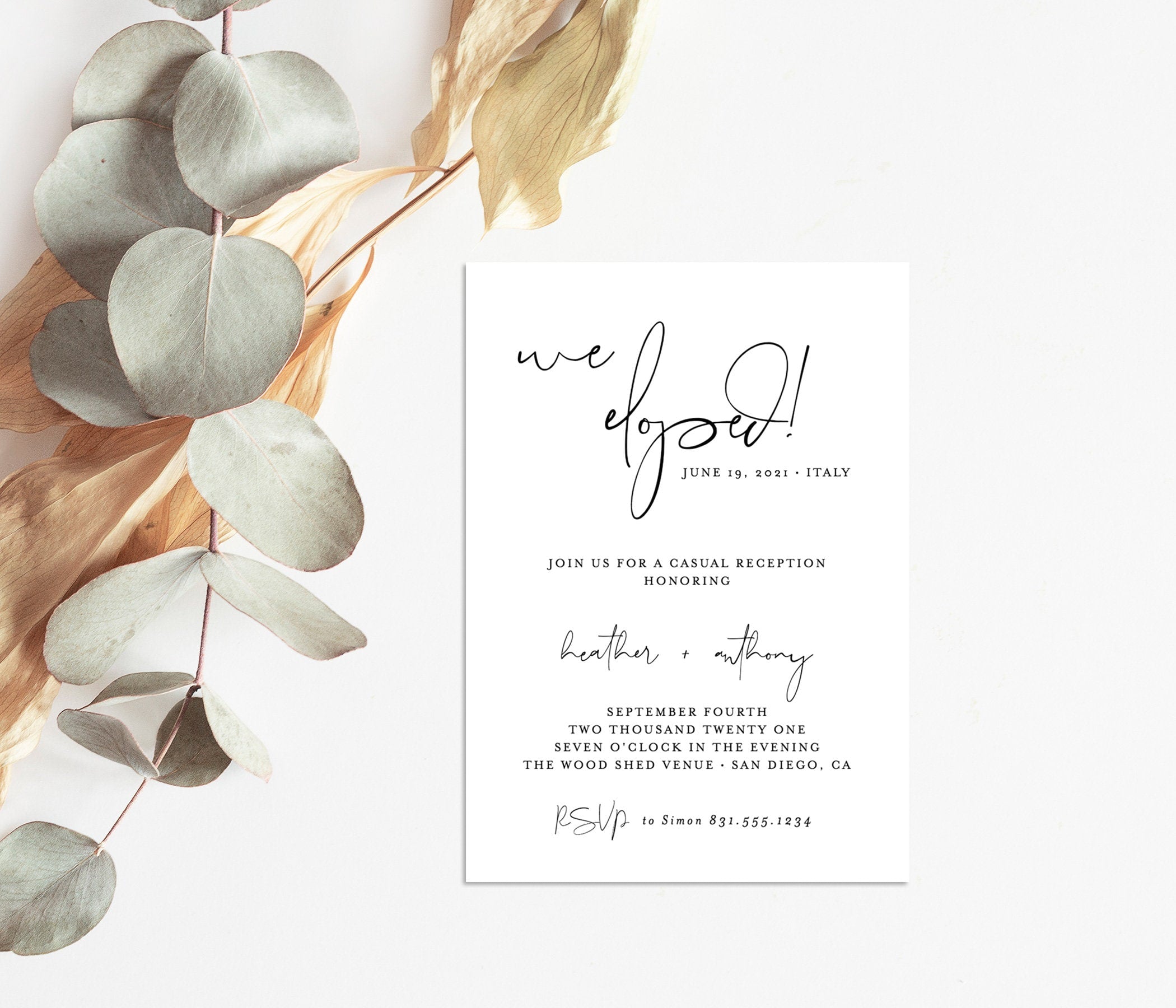 Editable Elopement Party Invite Template | Minimal Calligraphy – Wild ...