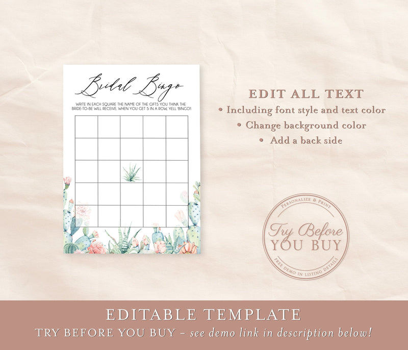 Succulent Bridal Bingo Editable Game | Printable Desert Cactus, Customizable Self-Editing Template 