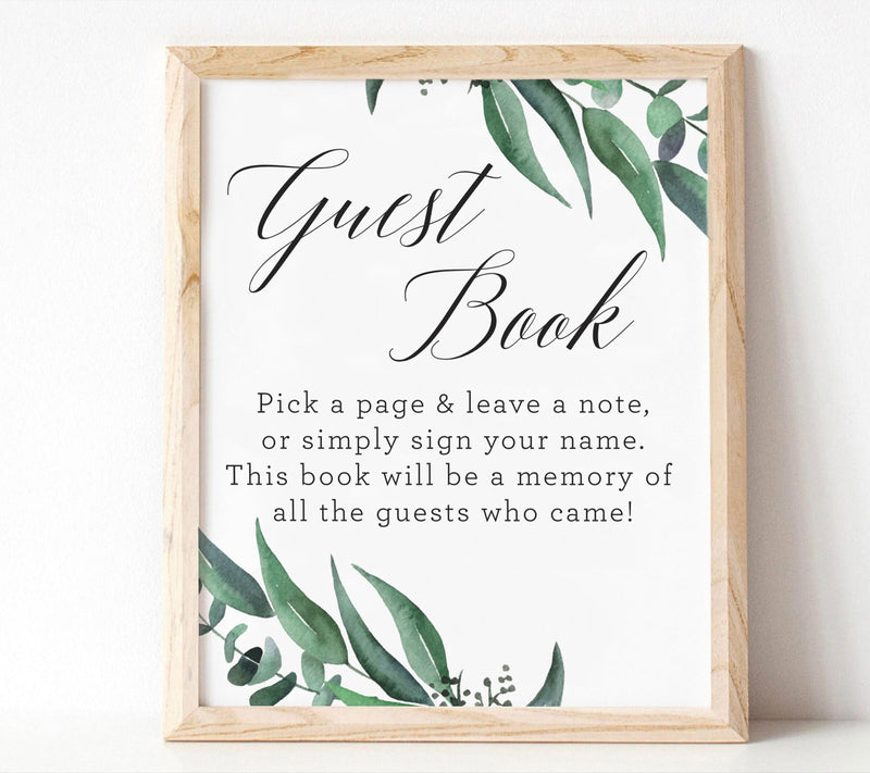 Printable Guest Book Sign Eucalyptus Watercolor Baby Shower Greenery  Leaves, Please Sign the Guest Book Non-editable Instant Download 