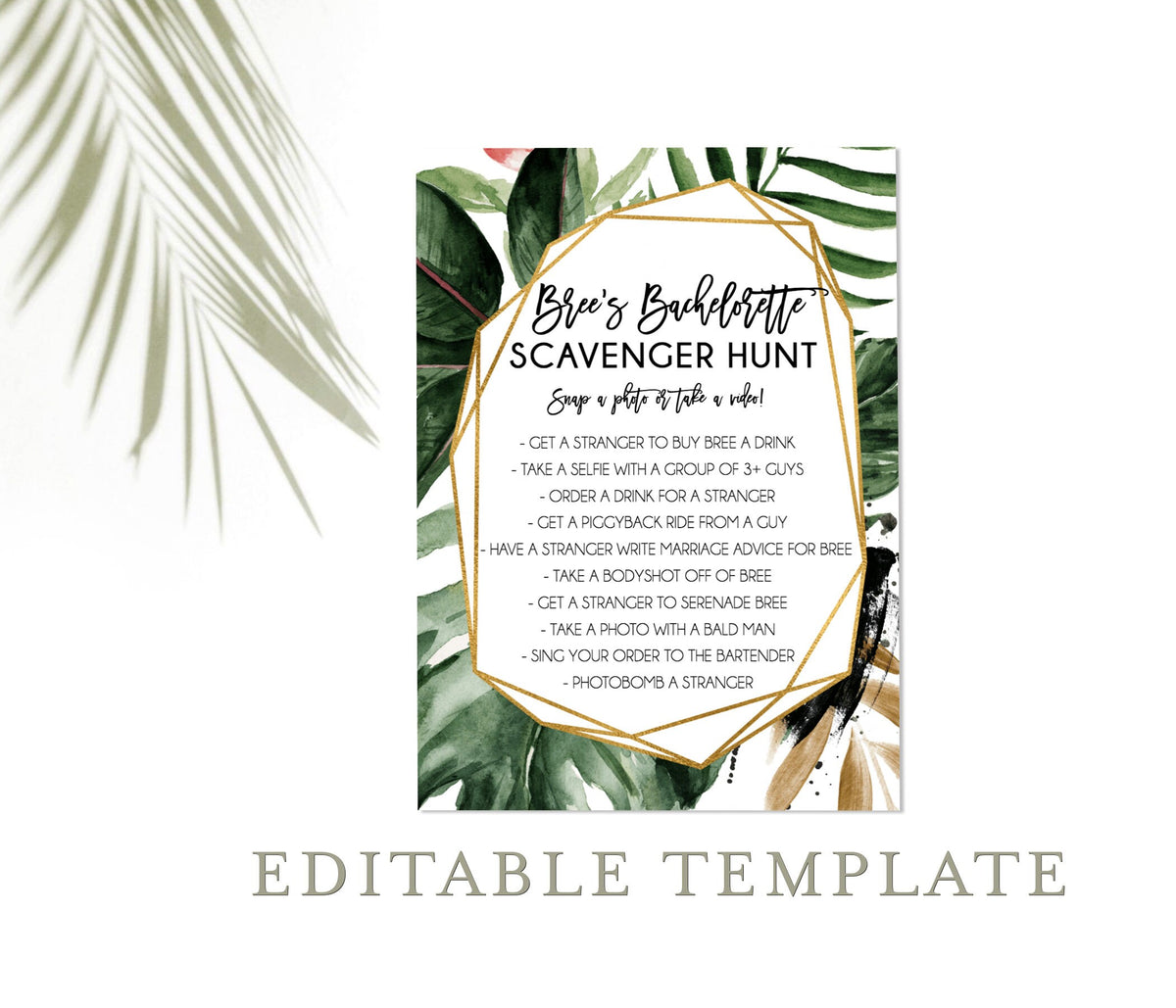 Tropical Scavenger Hunt Bachelorette Editable Game | Printable Palm Leaves Self-Editing Template