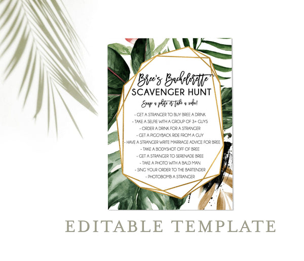 Tropical Scavenger Hunt Bachelorette Editable Game | Printable Palm Leaves Self-Editing Template 