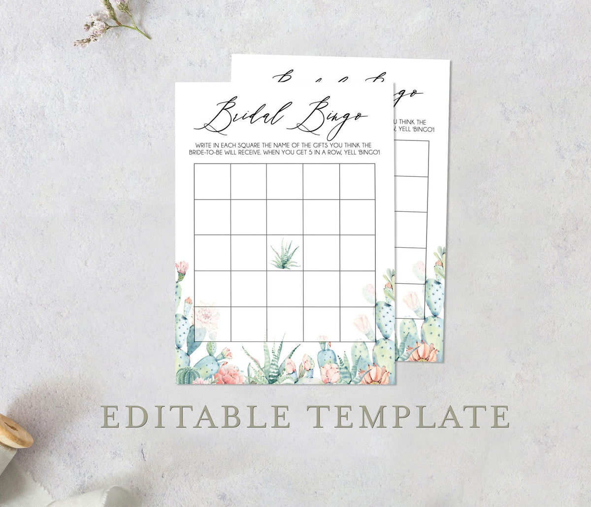 Succulent Bridal Bingo Editable Game | Printable Desert Cactus, Customizable Self-Editing Template