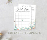 Succulent Bridal Bingo Editable Game | Printable Desert Cactus, Customizable Self-Editing Template