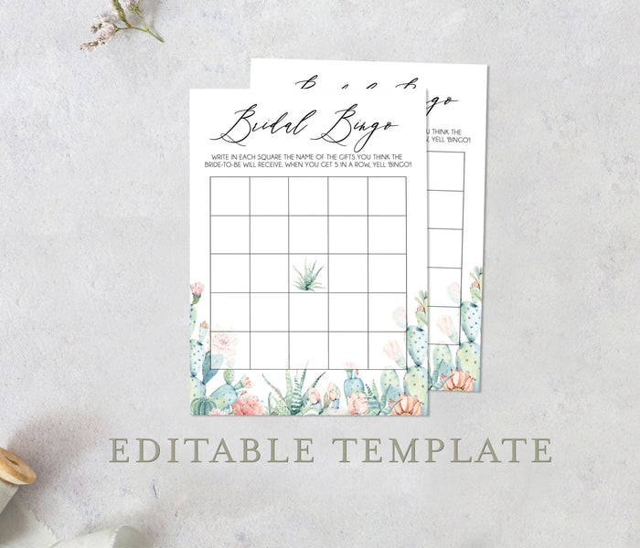 Succulent Bridal Bingo Editable Game | Printable Desert Cactus, Customizable Self-Editing Template