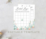 Succulent Bridal Bingo Editable Game | Printable Desert Cactus, Customizable Self-Editing Template 