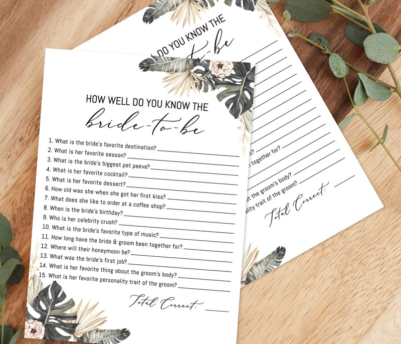 Tropical Bridal Trivia Editable Template | How Well Do You Know the Bride-to-Be Game 