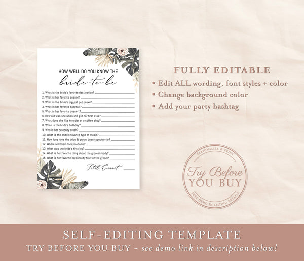 Tropical Bridal Trivia Editable Template | How Well Do You Know the Bride-to-Be Game 