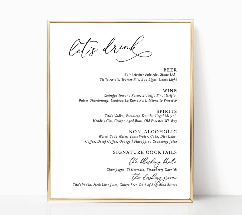Editable Wedding Bar Sign Template | Wedding Signature Drinks Sign 