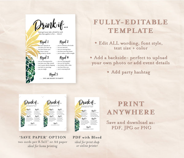 Tropical Bachelorette Drinking Game | Editable Drink If Game 