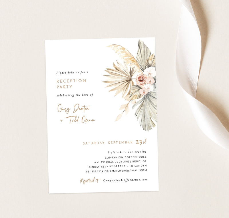 Boho Chic Reception Party Invitation Editable Template | Watercolor Dried Flowers 