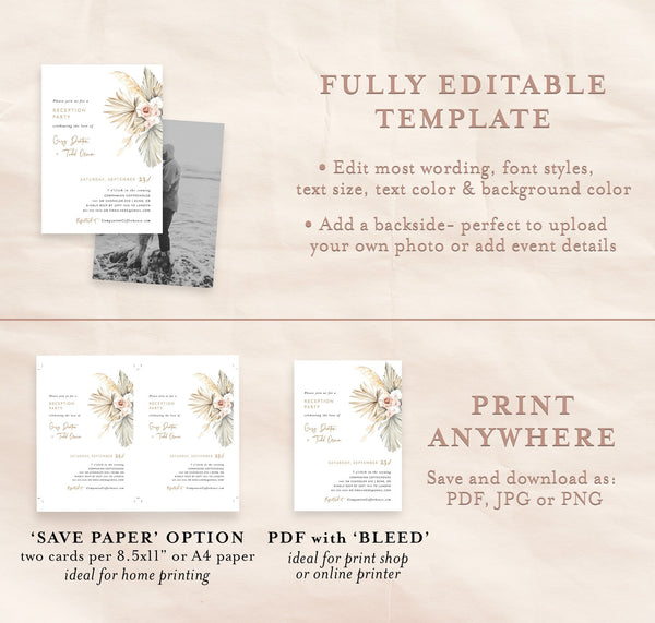 Boho Chic Reception Party Invitation Editable Template | Watercolor Dried Flowers 