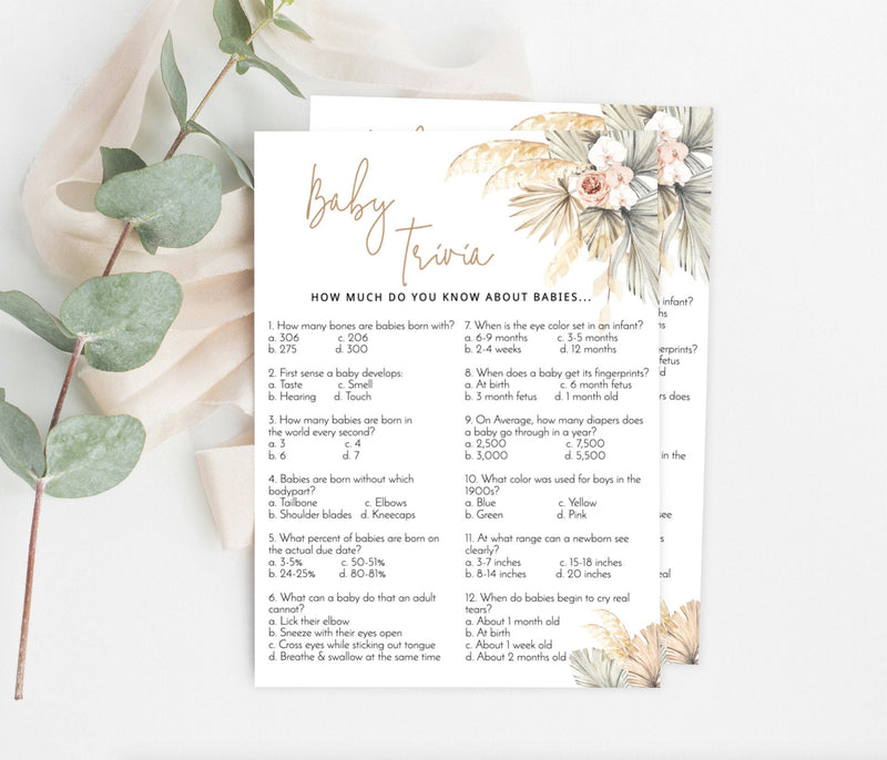 Baby Trivia Shower Game Template | Editable Pampas Grass Baby Shower Game 